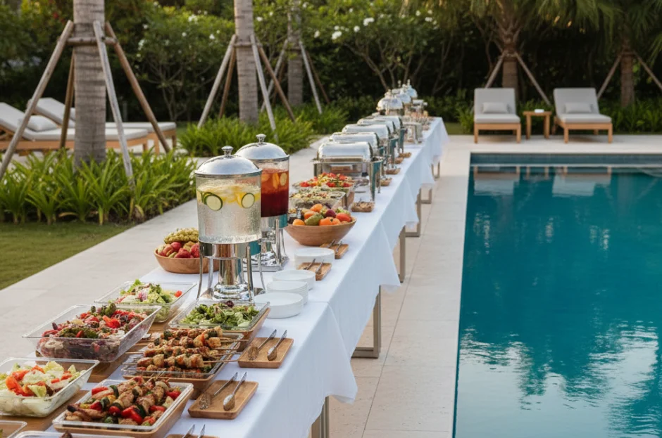 Buffet em Áreas de Piscina: Regras de segurança e materiais que você deve evitar