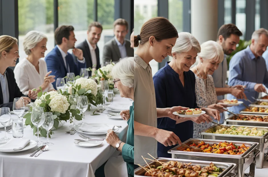 Lugar à Mesa vs. Buffet Volante: Qual estilo escolher para um público de idade mista?